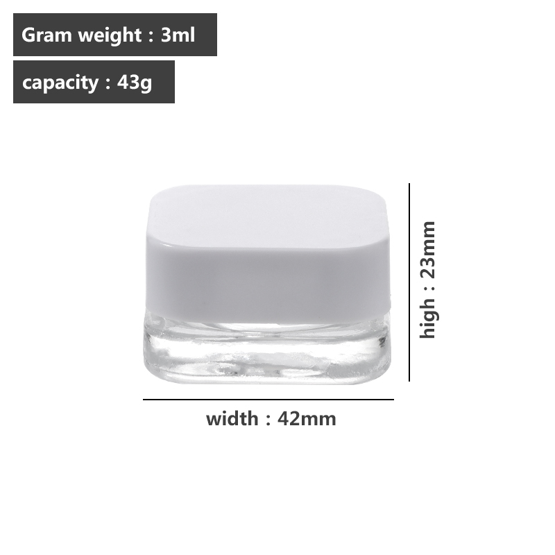 three 3ml child-safe anti-theft glass jars with transparent packaging.